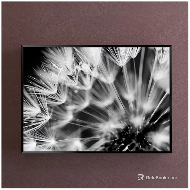 Black and White Dandelion Close Up Plant Painting in Framed Artwork 3d model 