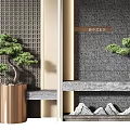 Decorative Textured Background Wall with Gold Frame Pine Tree Shelf and Stones Interior