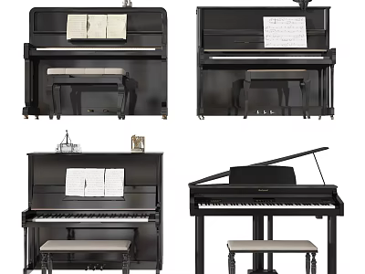 Different Types of Black Pianos with Music Sheets and Stools for Home Use 3d model