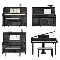 Different Types of Black Pianos with Music Sheets and Stools for Home Use