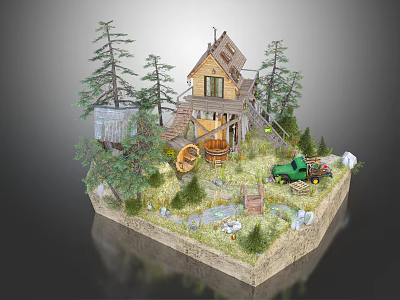 Cartoon Scene Featuring Small Wooden House Pine Trees Green Tractor Wooden Barrel Stream And Grass 3d model