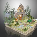 Cartoon Scene Featuring Small Wooden House Pine Trees Green Tractor Wooden Barrel Stream And Grass
