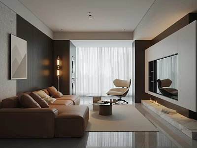 Modern Living Room Interior Design With Brown Sofa Beige Armchair And Floor To Ceiling Windows 3d model