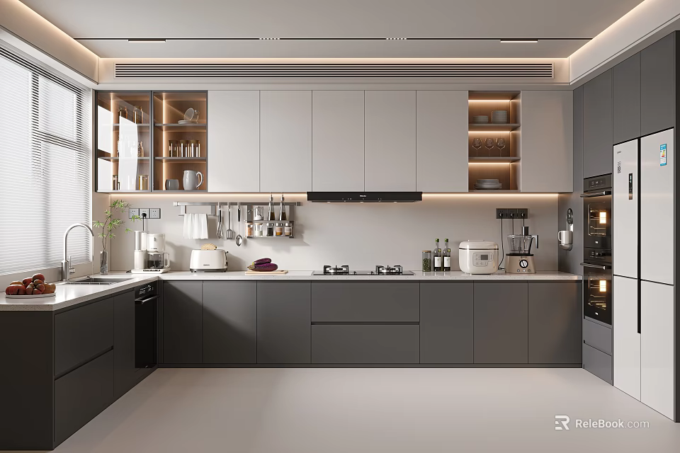 Modern Kitchen Design With Gray Cabinets White Countertops Shelves And Built In Appliances 3d model 
