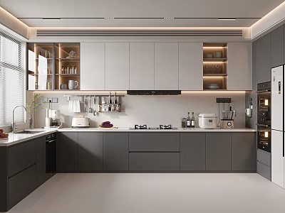 Modern Kitchen Design With Gray Cabinets White Countertops Shelves And Built In Appliances 3d model