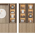 Chinese Style Wooden Bookcase With Open Shelves Books Decorations And Circular Artwork