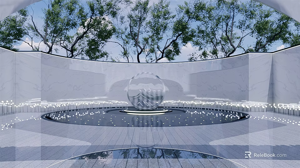 Spherical Sculpture Centerpiece with White Curved Wall Water Feature Stone Floor and Trees 3d model 