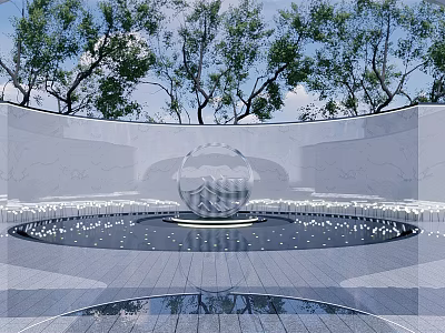 Spherical Sculpture Centerpiece with White Curved Wall Water Feature Stone Floor and Trees 3d model