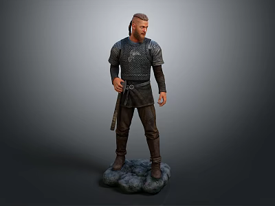 Game Movie Character Medieval Armored Warrior With Long Hair Beard Holding Sword On Stone Base 3d model