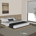 Modern Minimalist Bedroom Interior With Wooden Bed Frame Neutral Pillows Natural Rug And Potted Plant