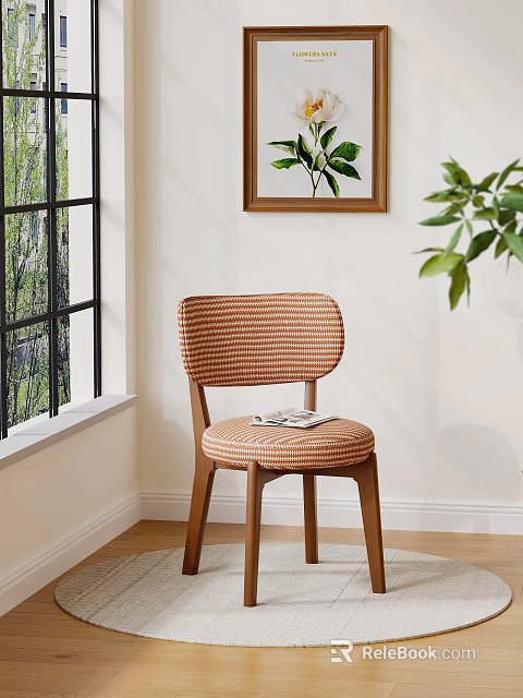 Stylish Dining Chair with Striped Backrest and Wooden Legs by Window with Green Plants 3d model 