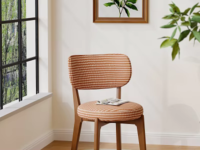 Stylish Dining Chair with Striped Backrest and Wooden Legs by Window with Green Plants 3d model