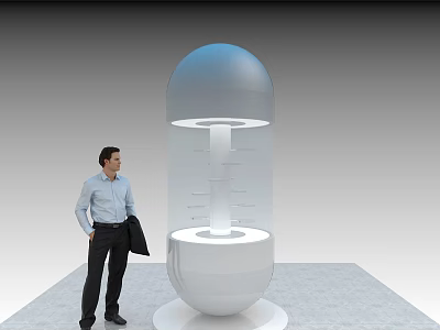 Large Transparent Capsule Structure With White Base Measurement Scale And Man Standing Beside 3d model