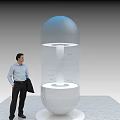 Large Transparent Capsule Structure With White Base Measurement Scale And Man Standing Beside 3d model