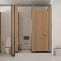 Clean Public Restroom With Wooden Stalls White Tile Walls And Yellow Grab Bars