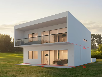 Modern Two Story Single Family House With Large Glass Windows Balcony And Green Lawn 3d model