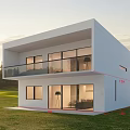 Modern Two Story Single Family House With Large Glass Windows Balcony And Green Lawn