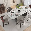 Modern Rectangular Dining Table With Six Chairs Table Settings And Green Plant Centerpiece 3d model