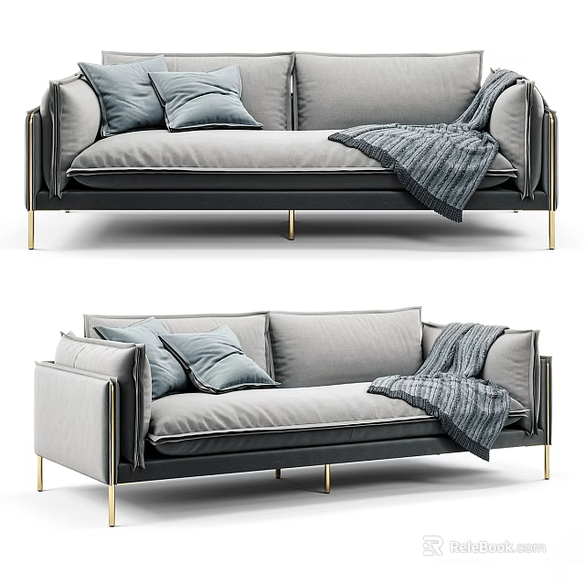 Modern Grey Sectional Sofa With Soft Pillows And Cozy Blanket On Gold Metal Legs 3d model 