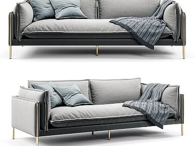 Modern Grey Sectional Sofa With Soft Pillows And Cozy Blanket On Gold Metal Legs 3d model