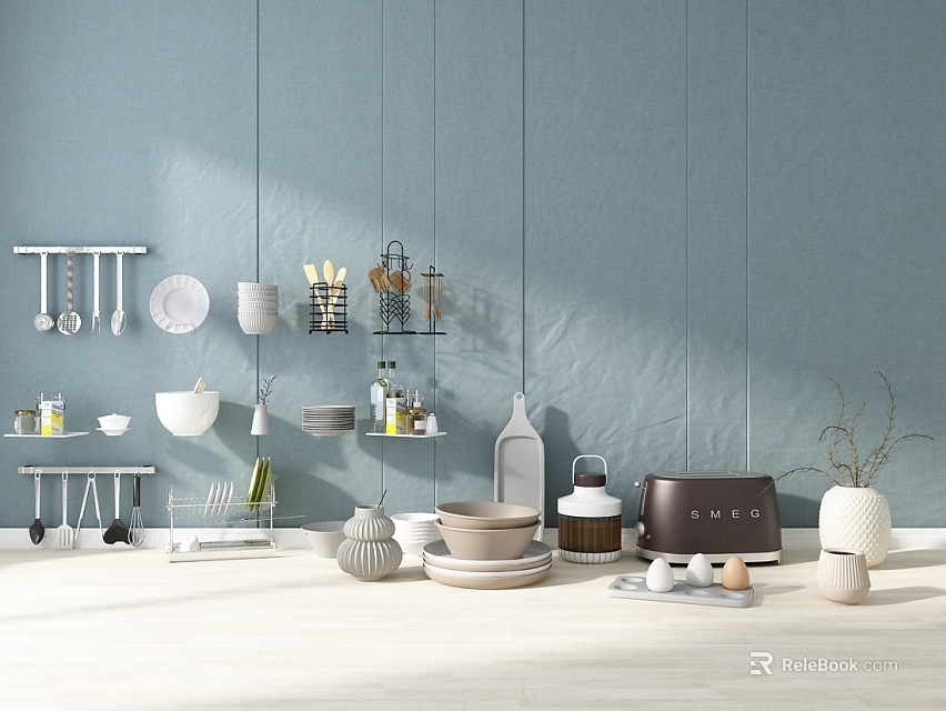 Light Blue Kitchen Interior With Shelves Utensils Plates White Countertop Bowls Toaster And Plants 3d model 