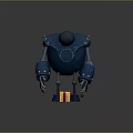 Blue Armored Robot Character With Black Head Standing on Yellow Platform Near Gift Box