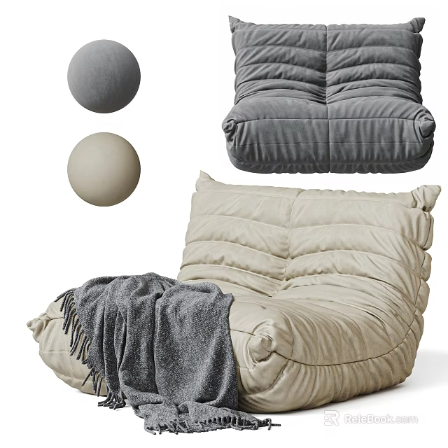 Quilted Beige Bean Bag Chair With Gray Blanket And Soft Pillows For Cozy Living Room 3d model 