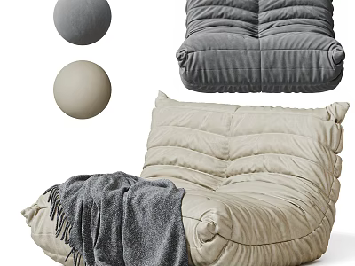 Quilted Beige Bean Bag Chair With Gray Blanket And Soft Pillows For Cozy Living Room 3d model