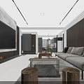 Modern Living And Dining Room Interior With Marble Accent Wall Fireplace And Gray Sofa