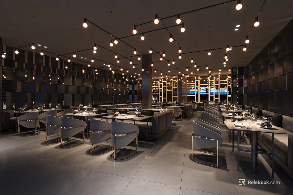 Modern Restaurant Interior With Hanging Pendant Lights Arranged Dining Tables And Stylish Wall Design 3d model 