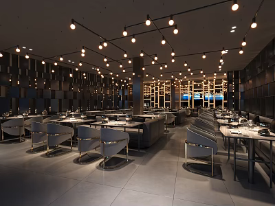 Modern Restaurant Interior With Hanging Pendant Lights Arranged Dining Tables And Stylish Wall Design 3d model