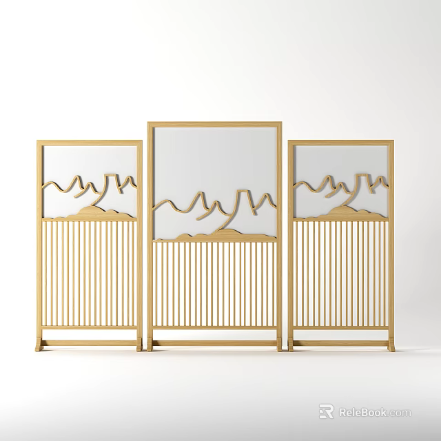 Three Panel Golden Partition With Mountain Pattern And Vertical Slats Design 3d model