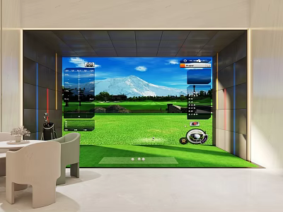 Indoor Golf Simulator Setup With Large Screen Showing Mountain Golf Course Green Lawn And Furniture 3d model