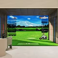 Indoor Golf Simulator Setup With Large Screen Showing Mountain Golf Course Green Lawn And Furniture