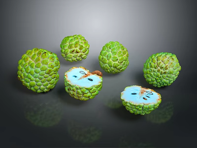 Fresh Ripe Sugar Apples With Green Textured Skin Halved Showing Pulp And Seeds 3d model