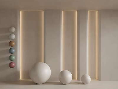 Modern Living Room With Beige Walls Vertical Strip Lighting Colorful Spherical Decor And White Spheres 3d model