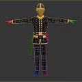 Uniformed Human Figure In Dark Blue Uniform With Yellow Accents Arms Outstretched And Brown Holster