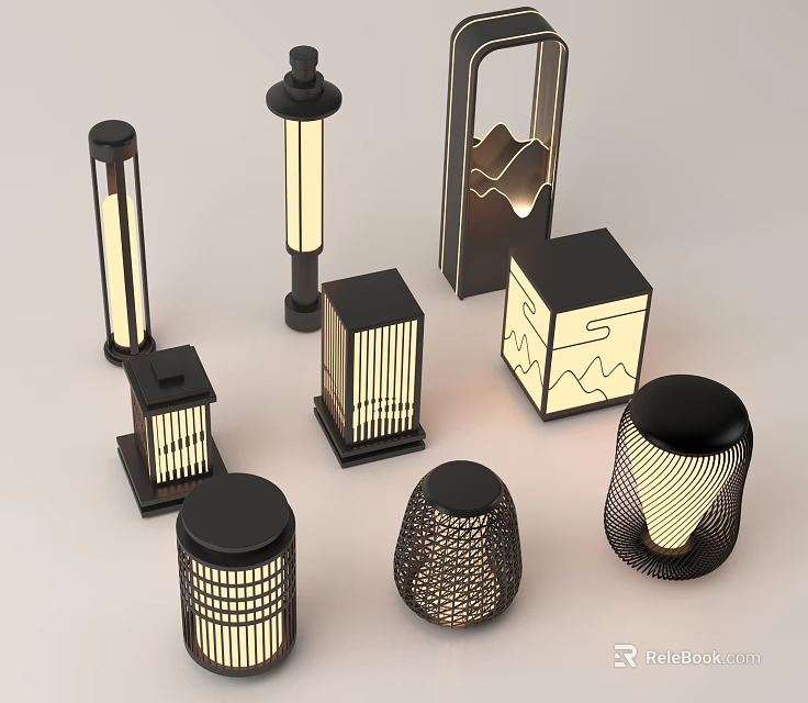 Various Modern Outdoor Lights with Unique Geometric Designs and Sleek Metal Mesh Frames 3d model 