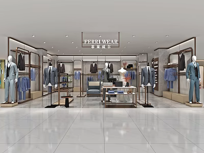 Elegant Men's Clothing Store Interior With Suits Shirts Mannequins And Display Racks 3d model