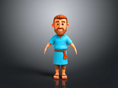 3D Man with Brown Hair Beard Blue Robe Brown Belt Barefoot on Gray Background 3d model