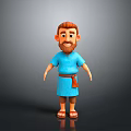 3D Man with Brown Hair Beard Blue Robe Brown Belt Barefoot on Gray Background