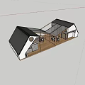 Modern Architecture Design Featuring Sloped Roofs Stone Walls Large Glass Windows Terrace With Tables Chairs