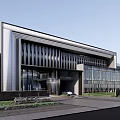 Modern Sales Office Building With Waterfall Pond Green Lawn and Lush Greenery