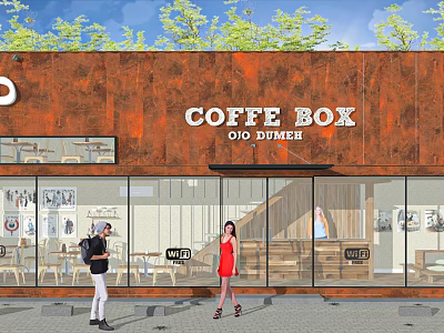 Coffee Box Cafe with Rusty Metal Exterior Large Glass Windows Interior Seating and Green Trees 3d model