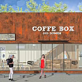 Coffee Box Cafe with Rusty Metal Exterior Large Glass Windows Interior Seating and Green Trees