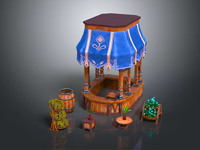 Cartoon Scene Wooden Kiosk With Blue Striped Awning Floral Pattern Wooden Barrels And Small Plants 3d model