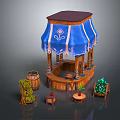 Cartoon Scene Wooden Kiosk With Blue Striped Awning Floral Pattern Wooden Barrels And Small Plants