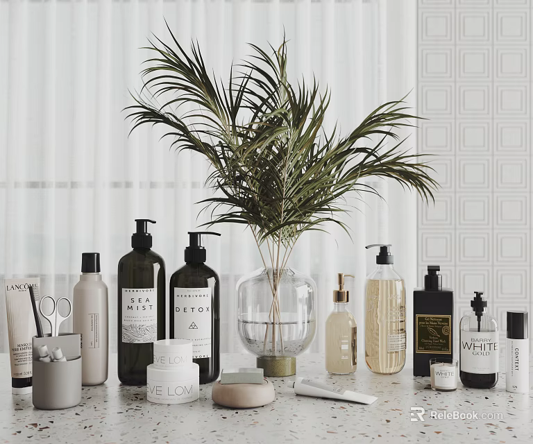 Modern Bathroom Accessories with Various Bottles Green Palm Plant and White Countertop on Geometric Wall 3d model 