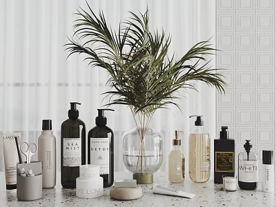 Modern Bathroom Accessories with Various Bottles Green Palm Plant and White Countertop on Geometric Wall 3d model