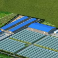Rowed Industrial Factory Layout With Green Fields Mountain Backdrop And Metal Roofs